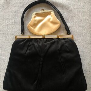 Vintage L & M Black Satin Handbag with mother of pearl & matching coin purse